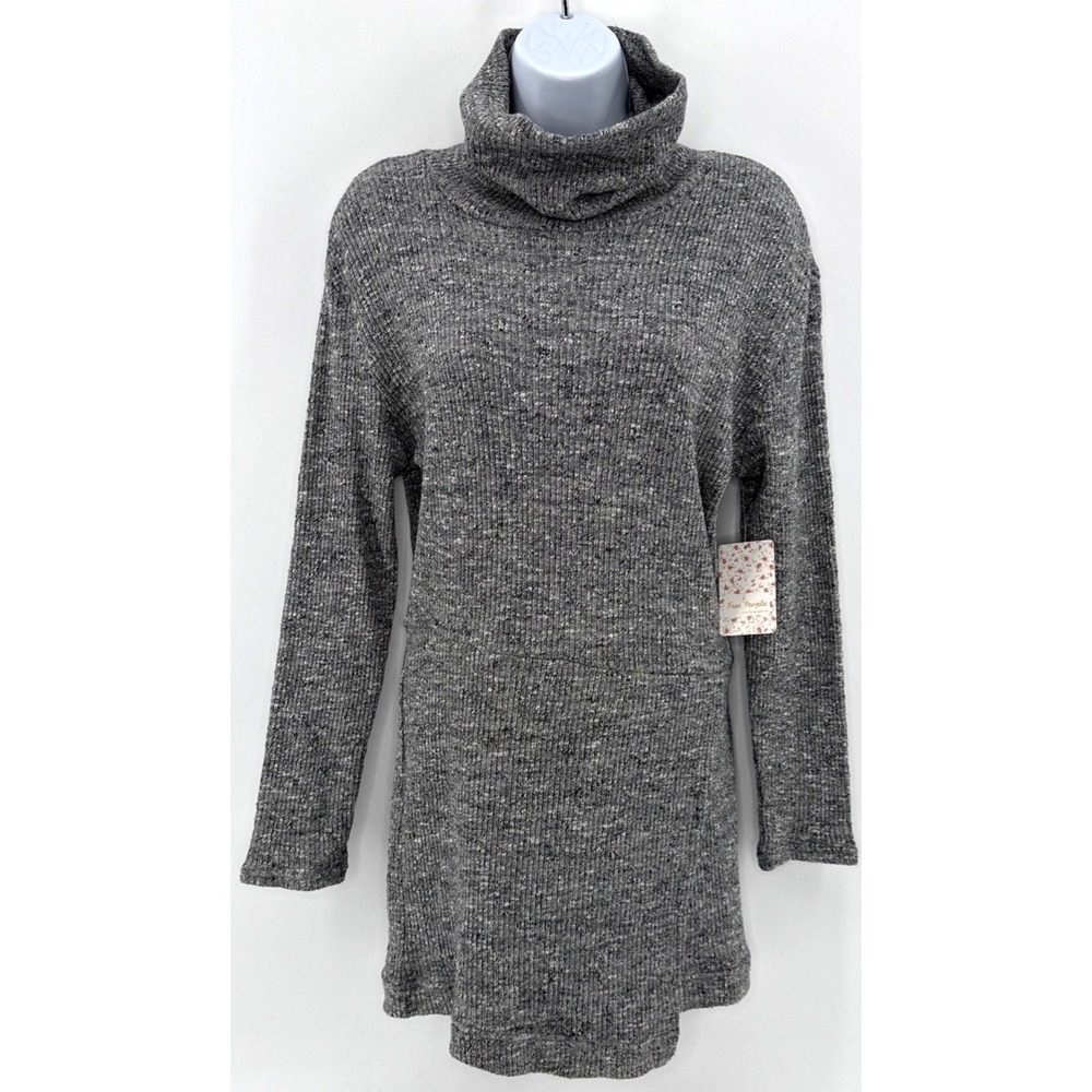 Free People Sweater Dress Womens S Gray Slouchy Turtleneck Knit Side Slit NWT
